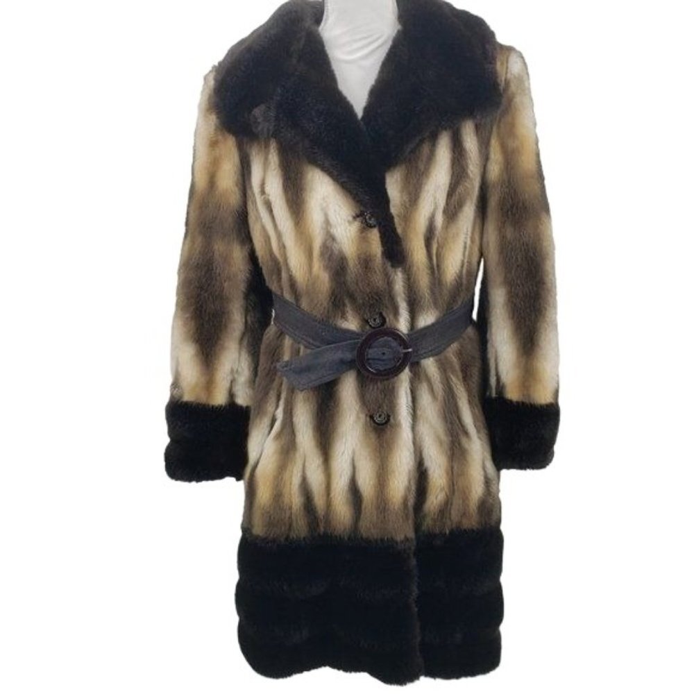 OTTA‎ FIR Vintage Faux Fur Coat 50's 60's Retro Textured Belted Small EUC